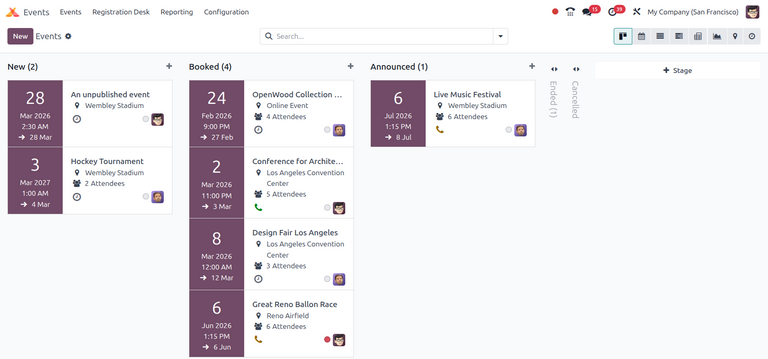 Overzicht van de instellingen van een evenement in de kanban-weergave in Odoo Evenementen.