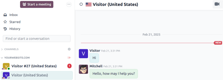 View of the discuss application with a message sent through live chat in Odoo.