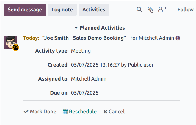 The chatter of an opportunity in the CRM with the scheduled appointment information.