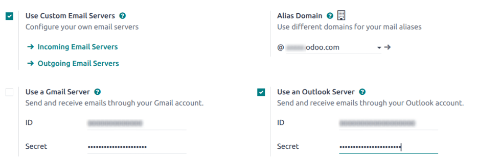 Outlook Credentials in Odoo Algemene Instellingen.