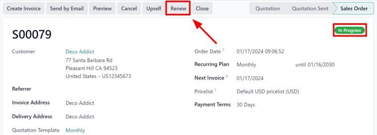 Verlengknop op verkooporder voor abonnementen met Odoo Subscriptions.