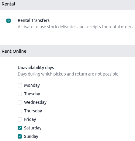 Settings page in the Odoo Rental application.