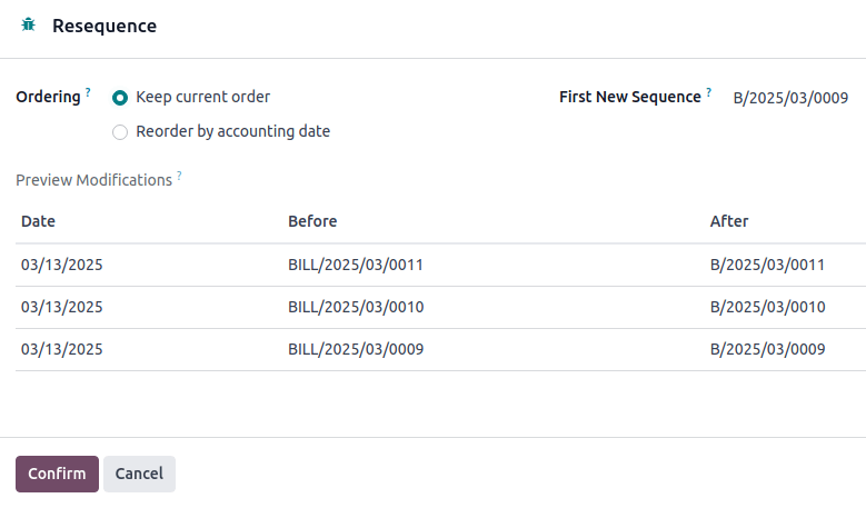 Resequence options window
