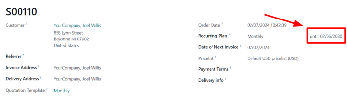 De vervaldatum op een verkooporder voor abonnementen in Odoo Abonnementen.