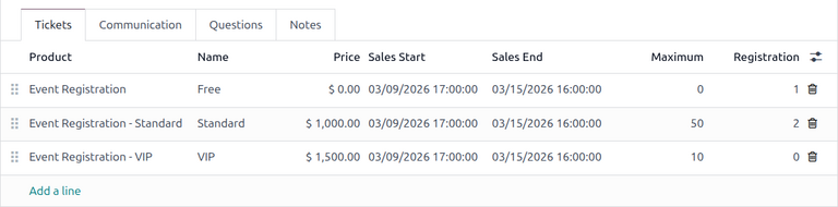 A typical tickets tab on an event form in the Odoo Events application.