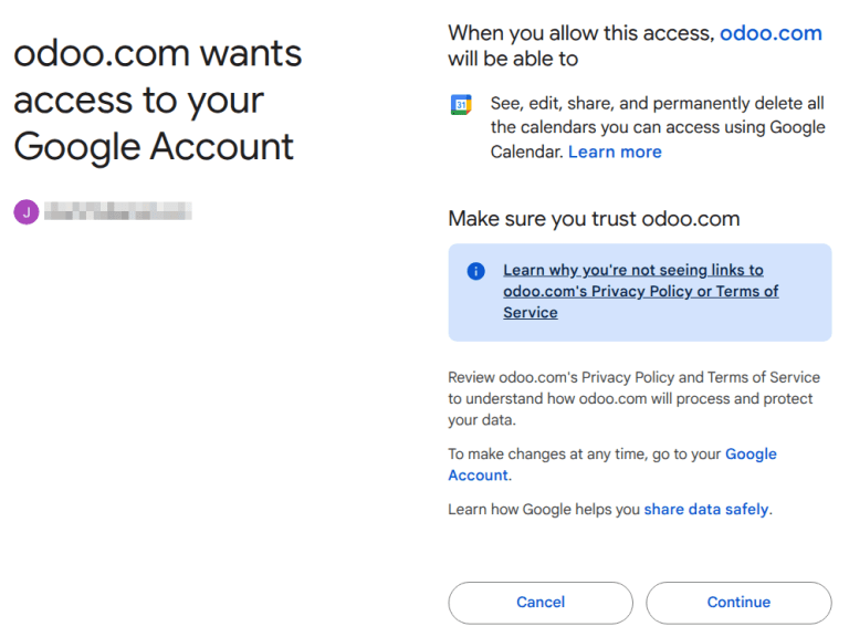 Geef Odoo toestemming om Google Agenda te openen.