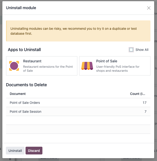A warning message showing apps that are uninstalled if the uninstallation is completed.