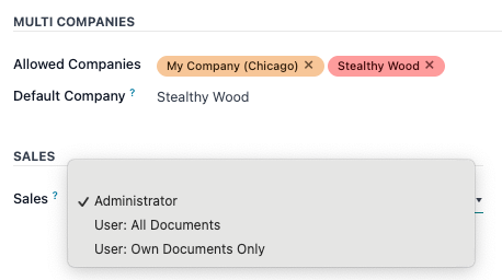 Het vervolgkeuzemenu Sales apps om het machtigingsniveau van de gebruiker in te stellen.