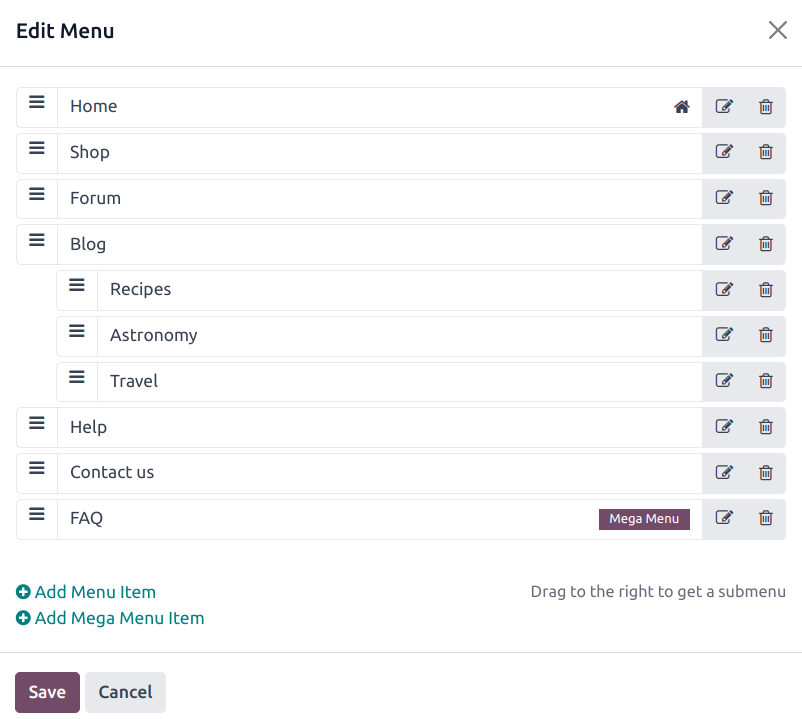 Editor de menus com submenus