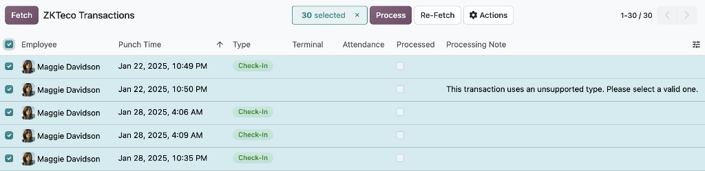 The attendance records selected to be processed.