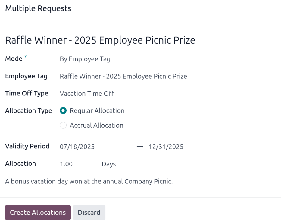 An allocation request form filled out for a bonus vacation day for raffle winners.