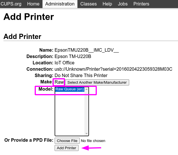 Epson TM-U220 specificaties op de website van de fabrikant.