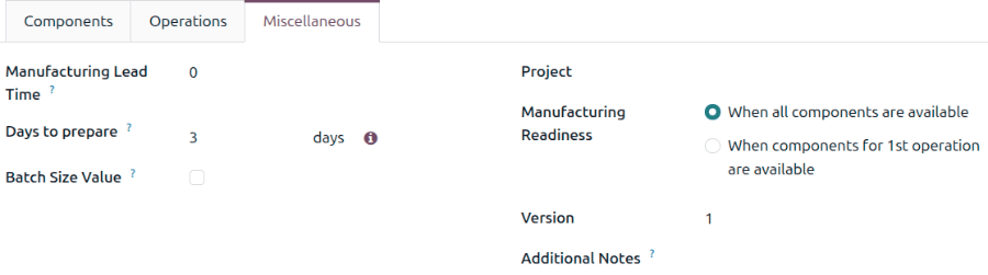 Show the *Miscellaneous* tab of the BoM.