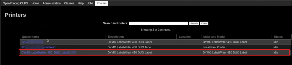 Printerpagina met nieuw geïnstalleerde printer gemarkeerd.