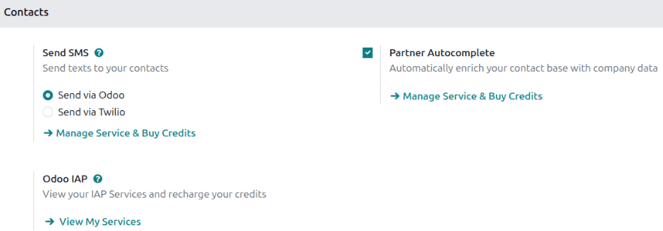 Weergave van de instellingenpagina en de activeringen van de functie in Odoo.