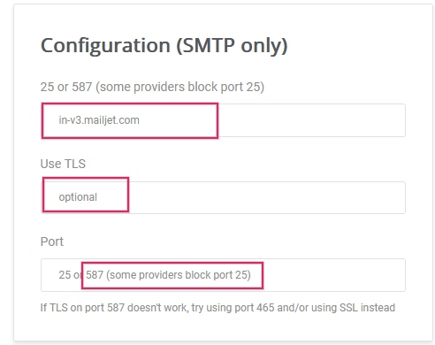 SMTP-configuratie van Mailjet.