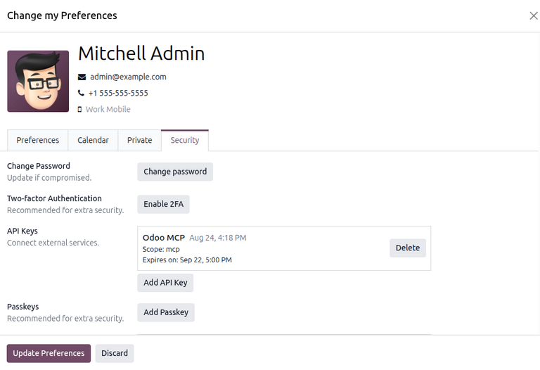Security tab of the user preferences window.