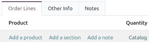 The "Catalog" button on the "Order Lines" tab of a sales quotation.