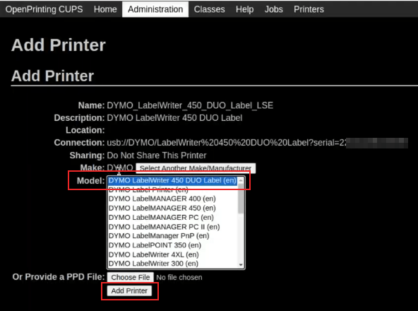 Kies model scherm op de OpenPrinting CUPS console met model en voeg een printer toe gemarkeerd.