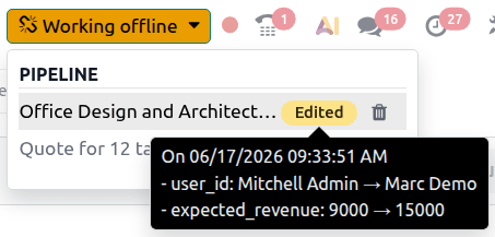 Dropdown on Working offline button showing list of changes made offline