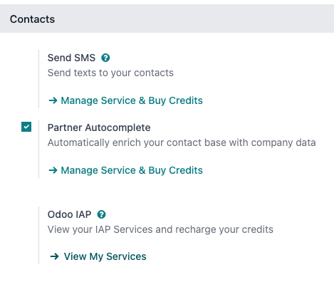 De app Instellingen toont de Odoo IAP-kop en de knop Mijn services bekijken.