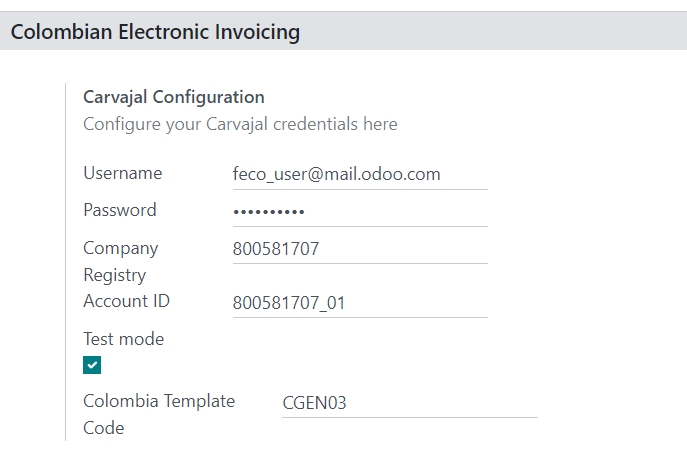 Configuración de las credenciales para el servicio web de Carvajal en Odoo.