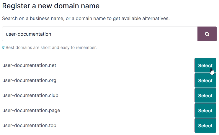 Buscar un nombre de dominio disponible.