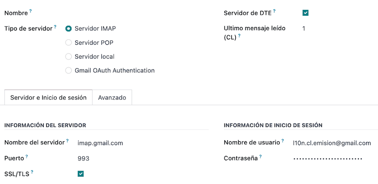 Configuración del servidor de correo electrónico entrante para los DTE en Chile.