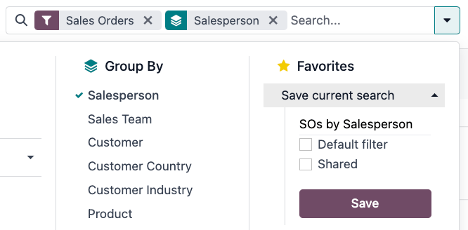 Saving a favorite search on the Sales Analysis report
