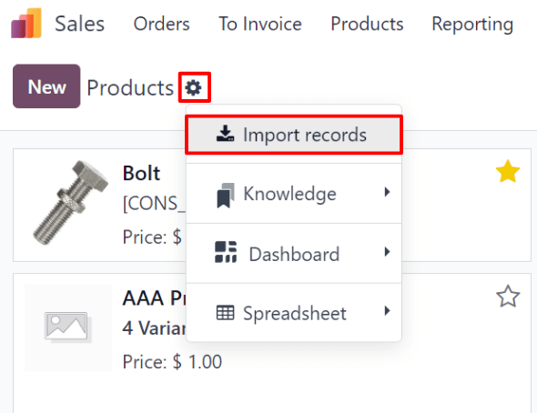 La opción Importar registros que se puede seleccionar con el icono de engranaje en la página Productos en la aplicación Ventas de Odoo.