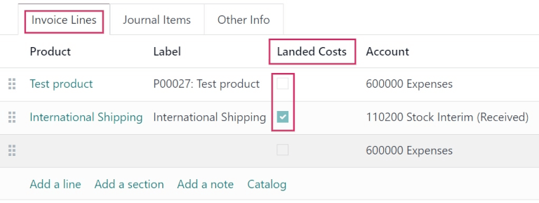 Landed Costs column checkboxes for product and landed cost.