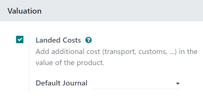 Landed Costs feature and resulting Default Journal field in the Inventory settings.