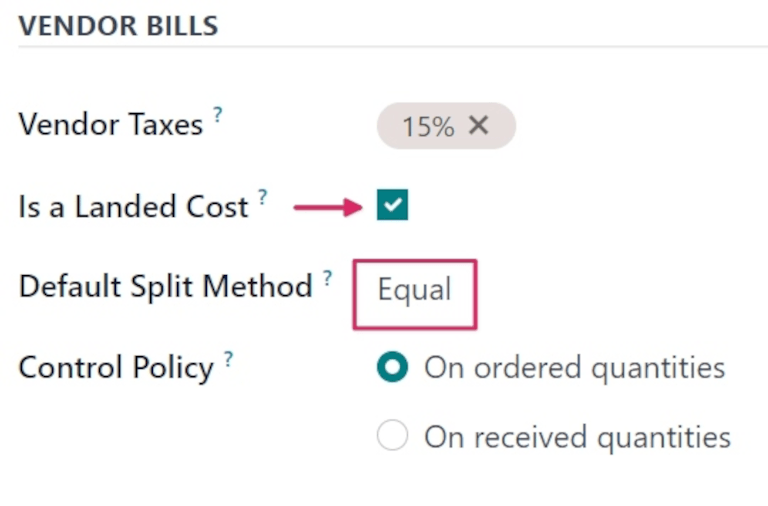 Is a Landed Cost checkbox and Default Split Method on service type product form.