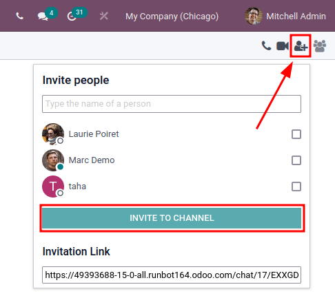 Imagen de la opción "invitar miembros" en la aplicación Conversaciones de Odoo.