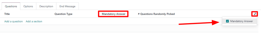 The slider drop-down menu with the Mandatory Answer option selected in Odoo Surveys.