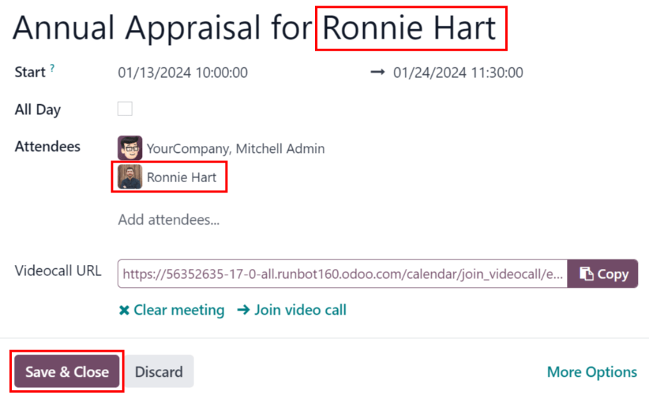 El formulario de reunión con toda la información correspondiente para la evaluación anual de Ronnie Hart.