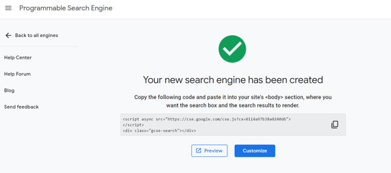 La página con el mensaje "Su nuevo motor de búsqueda ha sido creado" con el código a copiar.