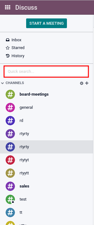 Imagen de la barra lateral de la aplicación Conversaciones de Odoo donde se resalta la barra de búsqueda rápida.