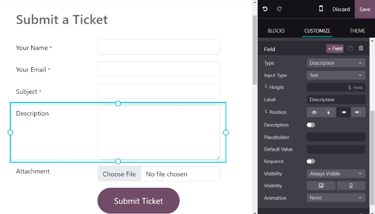 Vista del formulario de sitio web sin publicar para enviar un ticket a la aplicación Servicio de asistencia de Odoo.