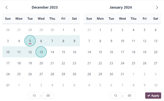 Ejemplo de una ventana de calendario emergente para un periodo de alquiler en la aplicación Alquiler de Odoo.
