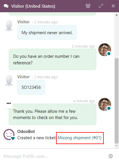 Vista de la ventana de chat con un ticket del servicio de asistencia creado mediante la aplicación Chat en vivo de Odoo.
