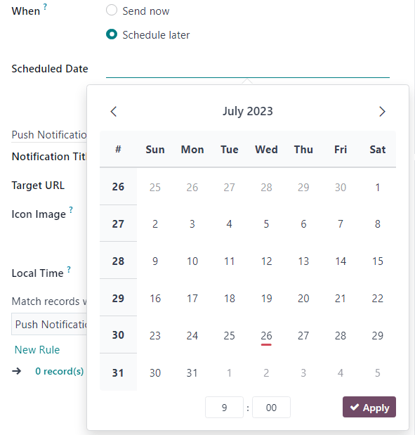 Ventana emergente donde se programa una fecha que aparece en un formulario de detalles de la publicación en Odoo.