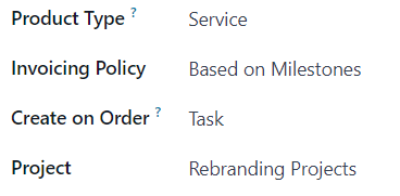 Producto con tipo de producto "servicio" y "tarea" en el campo crear en la orden del formulario.