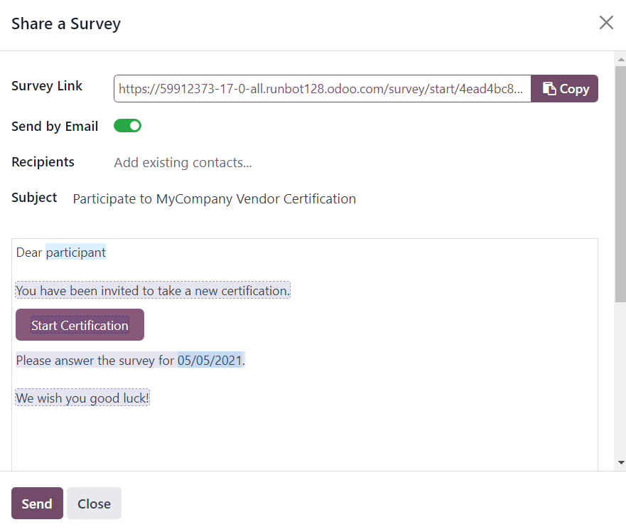 The 'Share a Survey' pop-up window in Odoo Surveys with the Send by Email toggled on.
