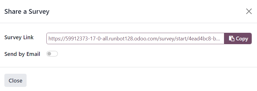 The 'Share a Survey' pop-up window that appears in the Odoo Surveys application.
