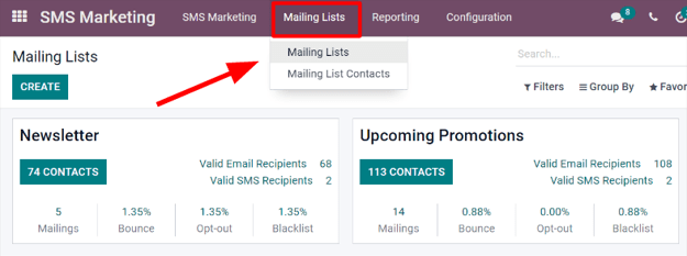 Vista de la página de listas de correo en la aplicación de Marketing por SMS.