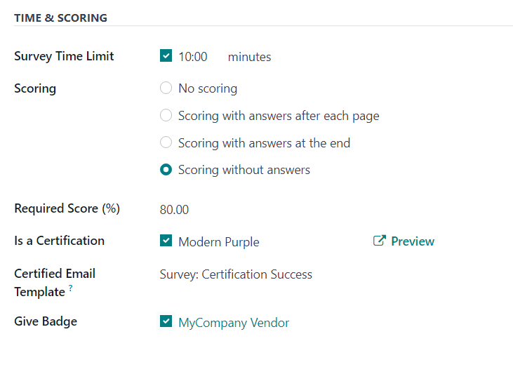 The Time and Scoring section of the Options tab on a survey form in Odoo Surveys.