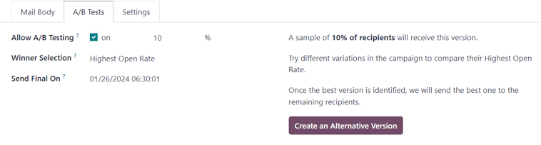 View of the A/B Tests tab in Odoo Email Marketing application.
