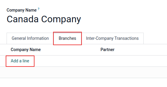 Add a branch to a company with branches and add a line highlighted.