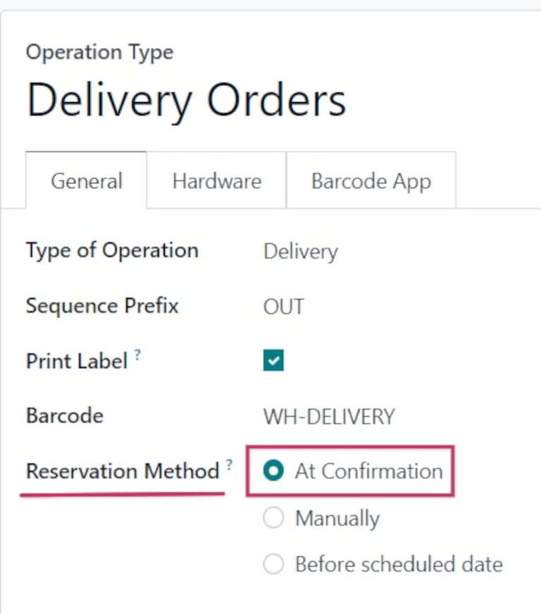 Reservation method field on delivery order operation type form.